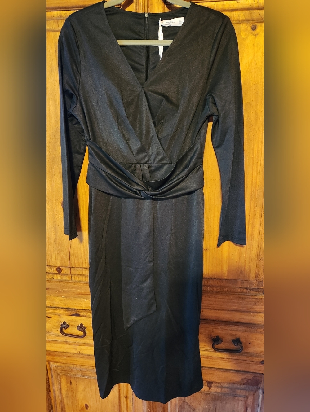 Jasambac Black Long Sleeve Draped Waist Dress with side-slits and built-in slip
